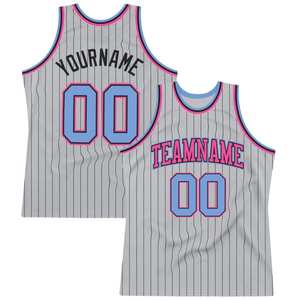 Gray Black Pinstripe Light Blue-Pink Authentic Personalized Basketball Jersey