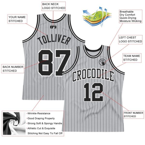 Gray Black Pinstripe Black-White Authentic Personalized Basketball Jersey - Image 2