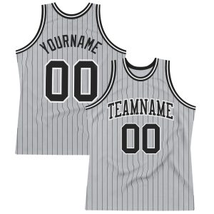 Gray Black Pinstripe Black-White Authentic Personalized Basketball Jersey