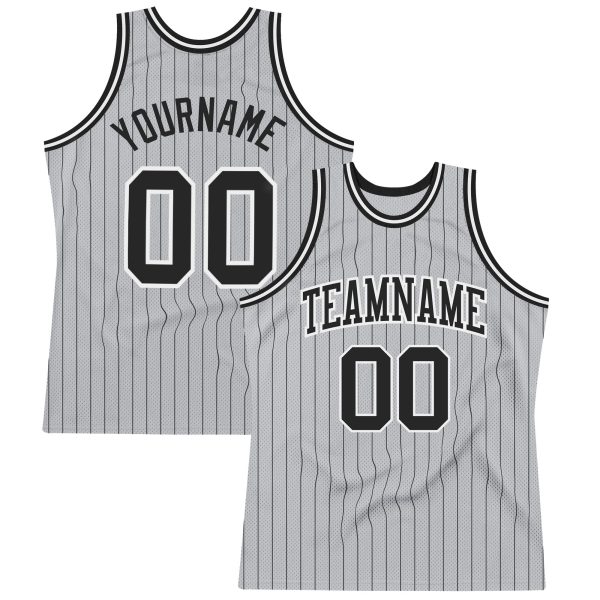 Gray Black Pinstripe Black-White Authentic Personalized Basketball Jersey