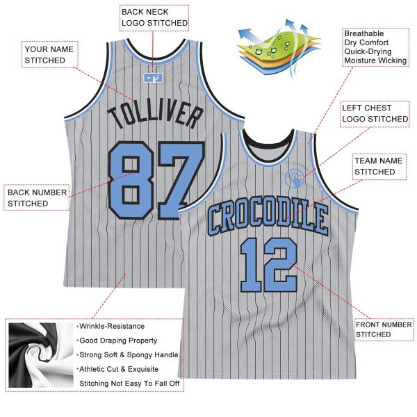 Gray Black Pinstripe Light Blue Authentic Personalized Basketball Jersey - Image 2