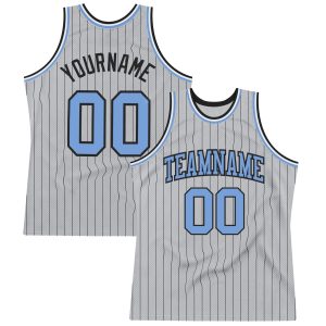 Gray Black Pinstripe Light Blue Authentic Personalized Basketball Jersey