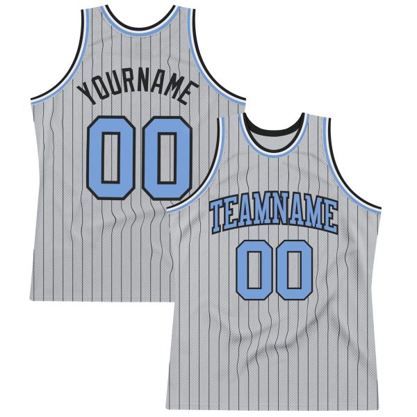 Gray Black Pinstripe Light Blue Authentic Personalized Basketball Jersey