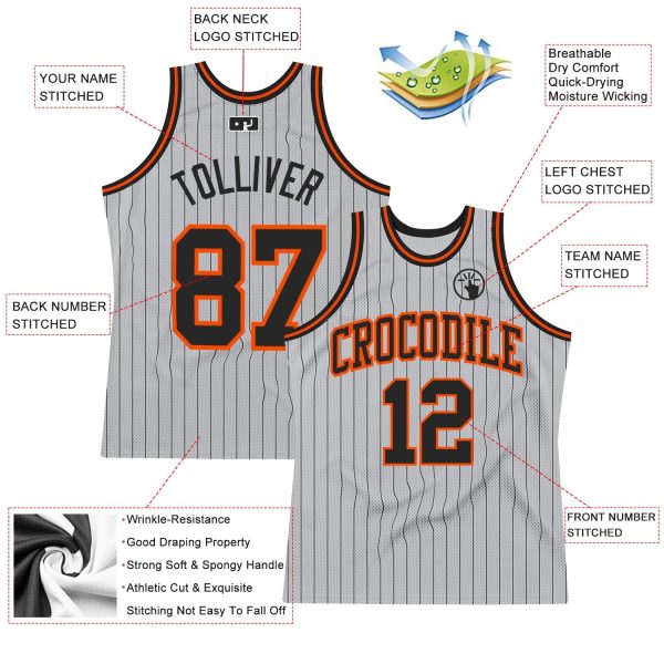 Gray Black Pinstripe Black-Orange Authentic Personalized Basketball Jersey - Image 2