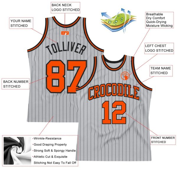 Gray Black Pinstripe Orange Authentic Personalized Basketball Jersey - Image 2