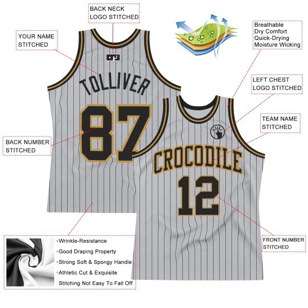 Gray Black Pinstripe Black-Old Gold Authentic Personalized Basketball Jersey - Image 2