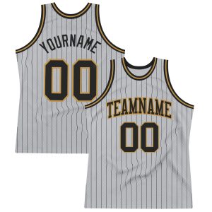 Gray Black Pinstripe Black-Old Gold Authentic Personalized Basketball Jersey