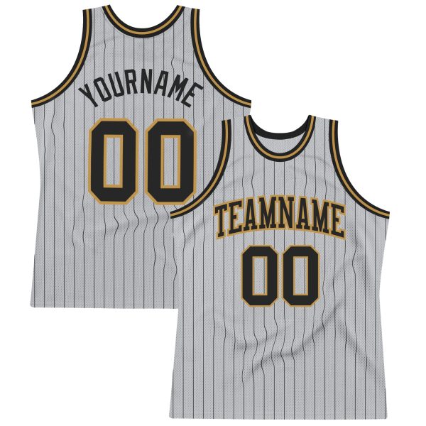 Gray Black Pinstripe Black-Old Gold Authentic Personalized Basketball Jersey