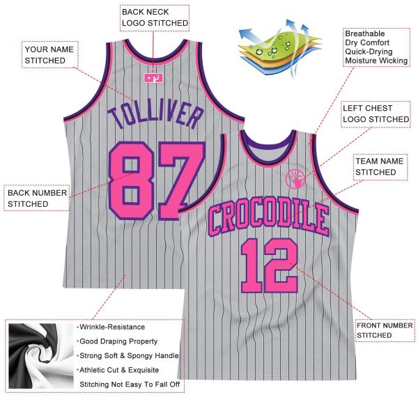 Gray Black Pinstripe Pink-Purple Authentic Personalized Basketball Jersey - Image 2