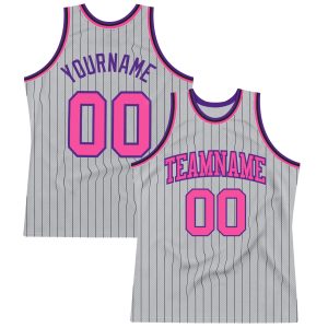 Gray Black Pinstripe Pink-Purple Authentic Personalized Basketball Jersey