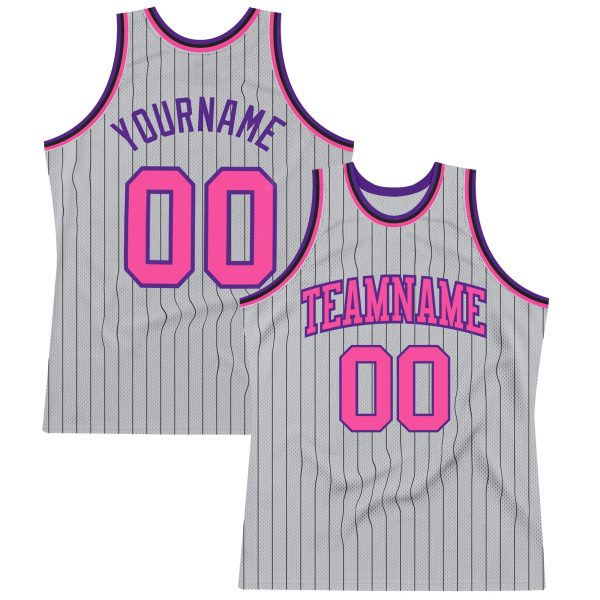 Gray Black Pinstripe Pink-Purple Authentic Personalized Basketball Jersey