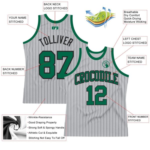 Gray Black Pinstripe Kelly Green Authentic Personalized Basketball Jersey - Image 2