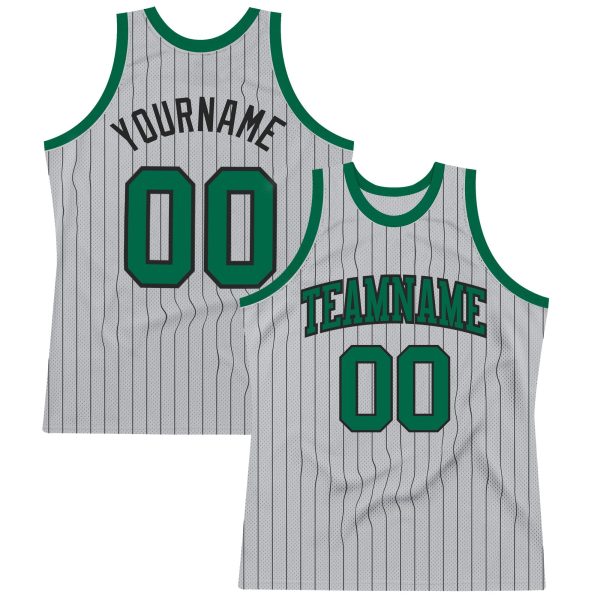 Gray Black Pinstripe Kelly Green Authentic Personalized Basketball Jersey