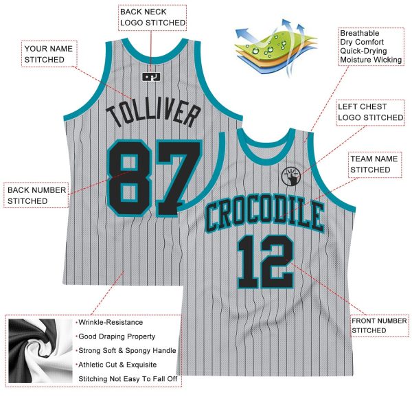Gray Black Pinstripe Black-Teal Authentic Personalized Basketball Jersey - Image 2