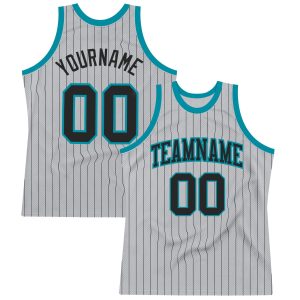 Gray Black Pinstripe Black-Teal Authentic Personalized Basketball Jersey