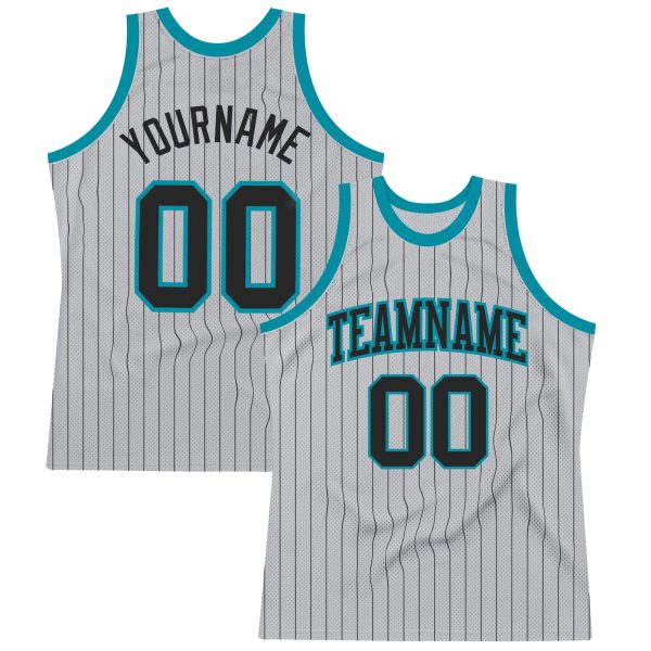 Gray Black Pinstripe Black-Teal Authentic Personalized Basketball Jersey