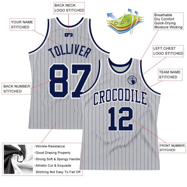 Gray Navy Pinstripe Navy-White Authentic Personalized Basketball Jersey - Image 2