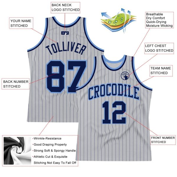 Gray Navy Pinstripe Navy-Light Blue Authentic Personalized Basketball Jersey - Image 2