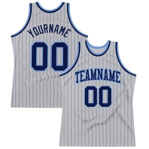 Gray Navy Pinstripe Navy-Light Blue Authentic Personalized Basketball Jersey