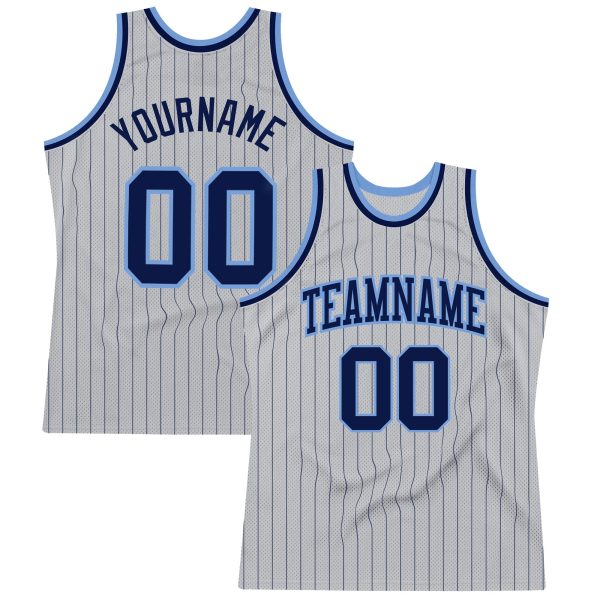 Gray Navy Pinstripe Navy-Light Blue Authentic Personalized Basketball Jersey