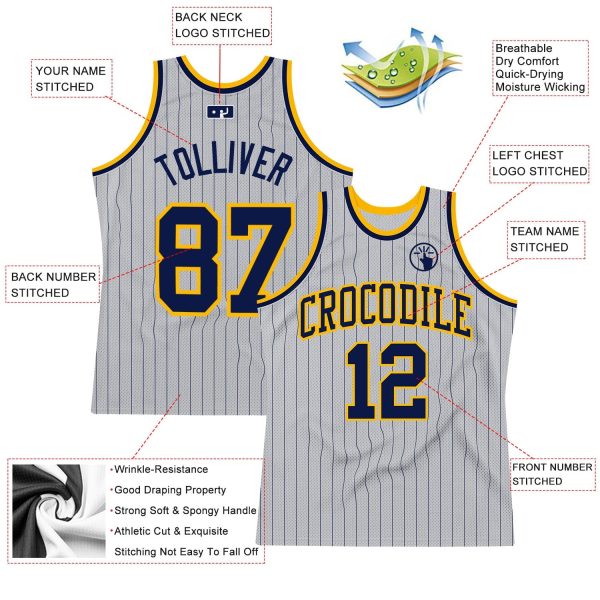 Gray Navy Pinstripe Navy-Gold Authentic Personalized Basketball Jersey - Image 2