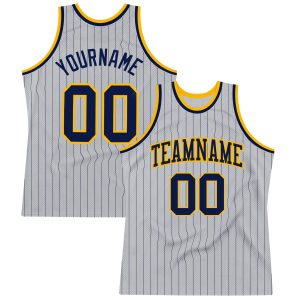 Gray Navy Pinstripe Navy-Gold Authentic Personalized Basketball Jersey