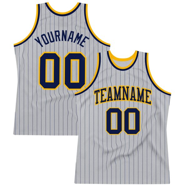Gray Navy Pinstripe Navy-Gold Authentic Personalized Basketball Jersey