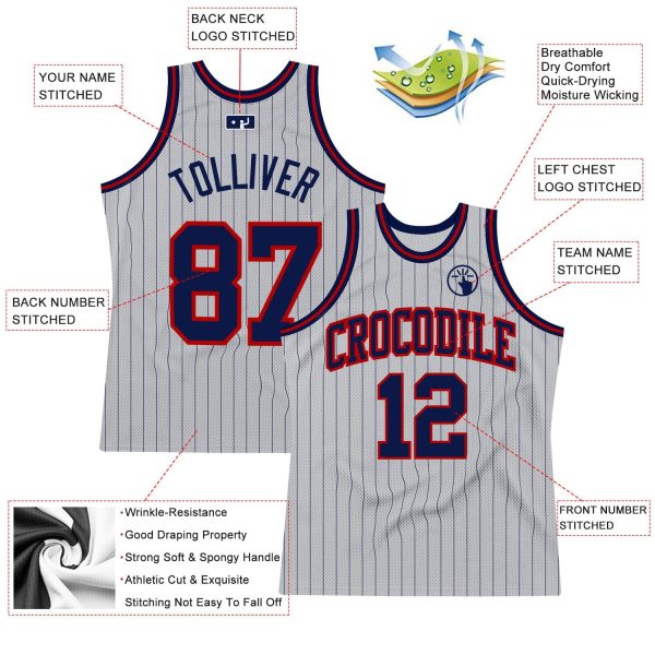 Gray Navy Pinstripe Navy-Red Authentic Personalized Basketball Jersey - Image 2