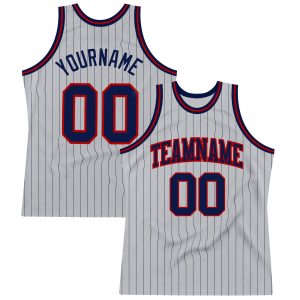 Gray Navy Pinstripe Navy-Red Authentic Personalized Basketball Jersey