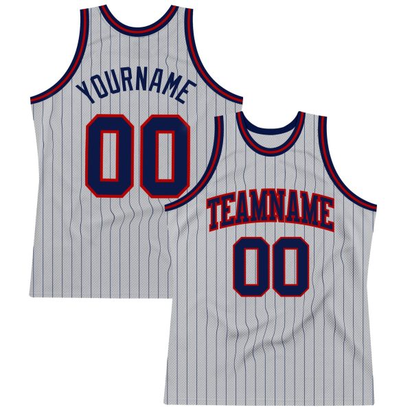 Gray Navy Pinstripe Navy-Red Authentic Personalized Basketball Jersey