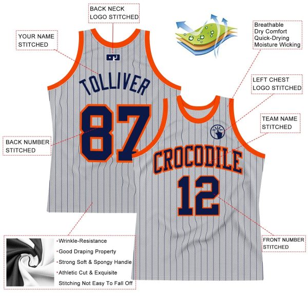 Gray Navy Pinstripe Navy-Orange Authentic Personalized Basketball Jersey - Image 2