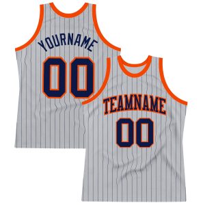 Gray Navy Pinstripe Navy-Orange Authentic Personalized Basketball Jersey