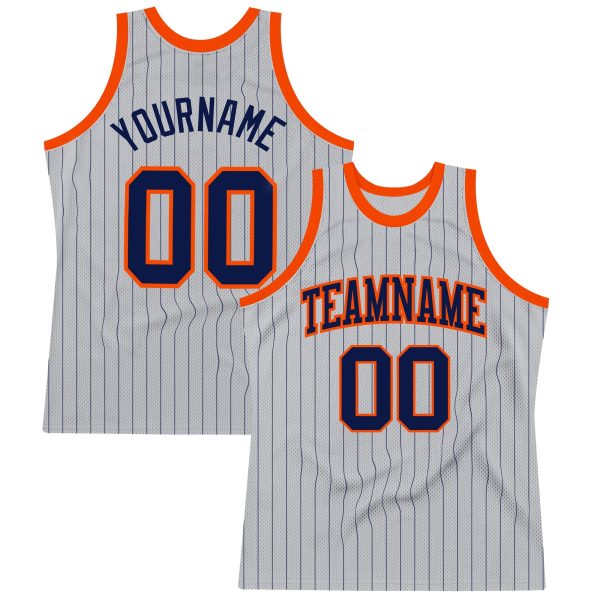 Gray Navy Pinstripe Navy-Orange Authentic Personalized Basketball Jersey