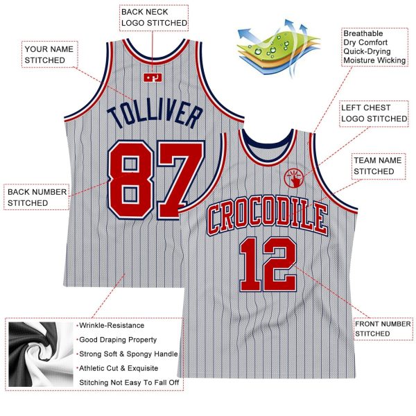 Gray Navy Pinstripe Red-White Authentic Personalized Basketball Jersey - Image 2
