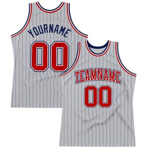 Gray Navy Pinstripe Red-White Authentic Personalized Basketball Jersey