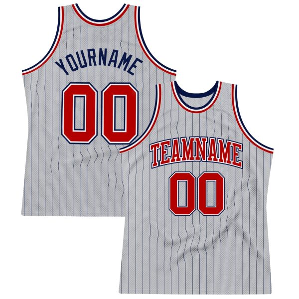 Gray Navy Pinstripe Red-White Authentic Personalized Basketball Jersey