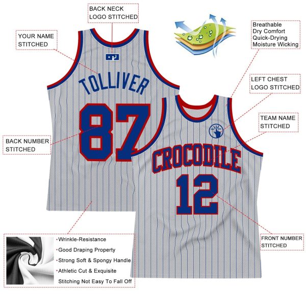 Gray Royal Pinstripe Royal-Red Authentic Personalized Basketball Jersey - Image 2