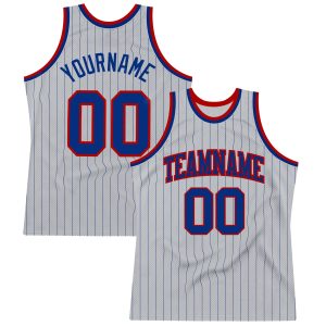 Gray Royal Pinstripe Royal-Red Authentic Personalized Basketball Jersey