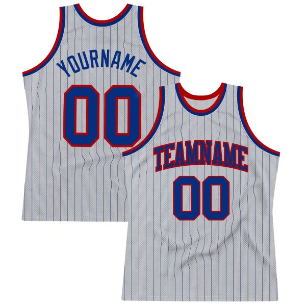 Gray Royal Pinstripe Royal-Red Authentic Personalized Basketball Jersey