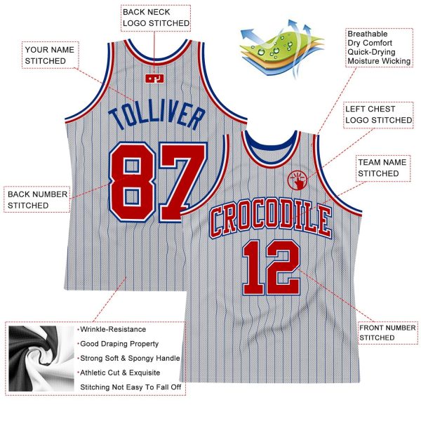 Gray Royal Pinstripe Red-White Authentic Personalized Basketball Jersey - Image 2