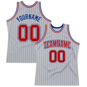 Gray Royal Pinstripe Red-White Authentic Personalized Basketball Jersey