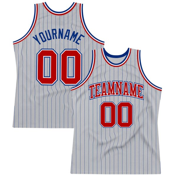 Gray Royal Pinstripe Red-White Authentic Personalized Basketball Jersey