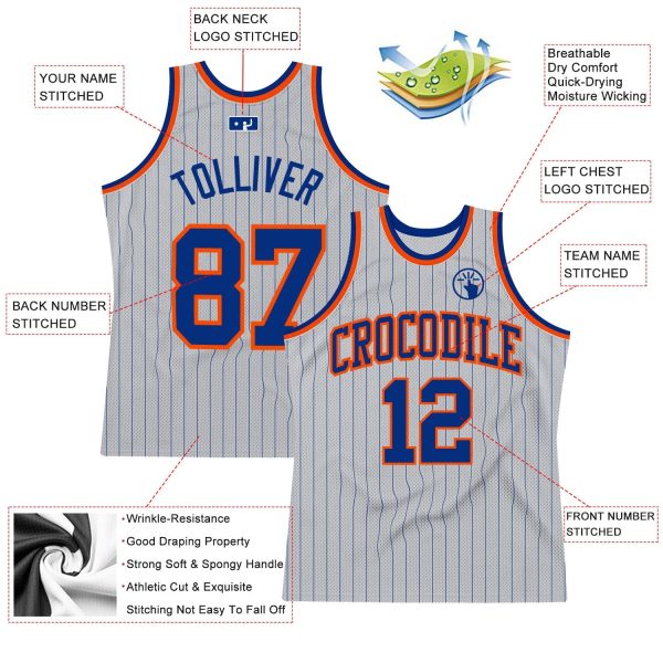 Gray Royal Pinstripe Royal-Orange Authentic Personalized Basketball Jersey - Image 2