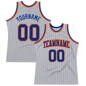 Gray Royal Pinstripe Royal-Orange Authentic Personalized Basketball Jersey