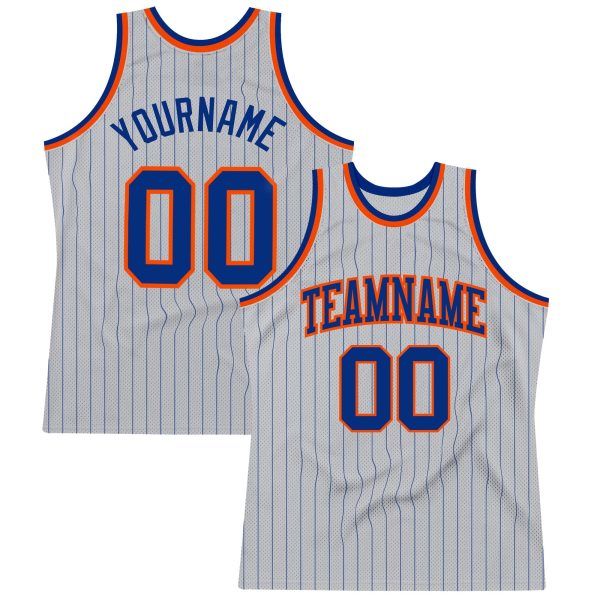 Gray Royal Pinstripe Royal-Orange Authentic Personalized Basketball Jersey