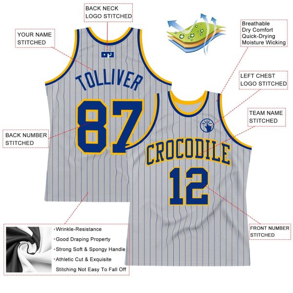 Gray Royal Pinstripe Royal-Gold Authentic Personalized Basketball Jersey - Image 2