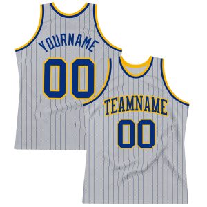 Gray Royal Pinstripe Royal-Gold Authentic Personalized Basketball Jersey