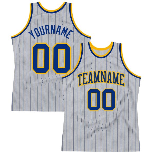 Gray Royal Pinstripe Royal-Gold Authentic Personalized Basketball Jersey