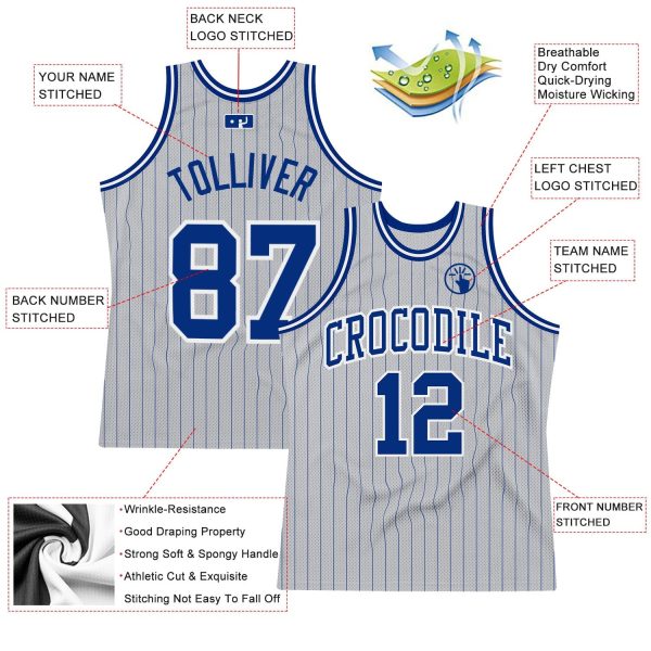 Gray Royal Pinstripe Royal-White Authentic Personalized Basketball Jersey - Image 2
