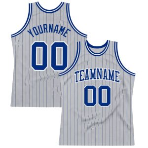 Gray Royal Pinstripe Royal-White Authentic Personalized Basketball Jersey